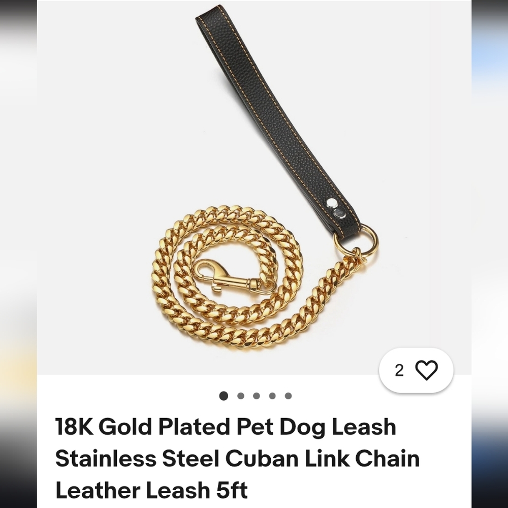 Gold Plated Cuban Chain Dog Leash With Black Leather Handle NWOT